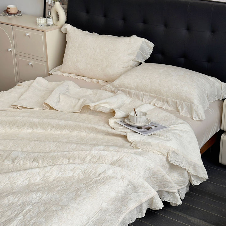 Quilted Cotton-Blend Coverlet Set with Eyelet Lace Ruffled Pillow Shams