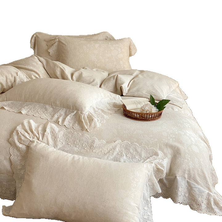 Lace-Trim Floral Jacquard Duvet Cover Set