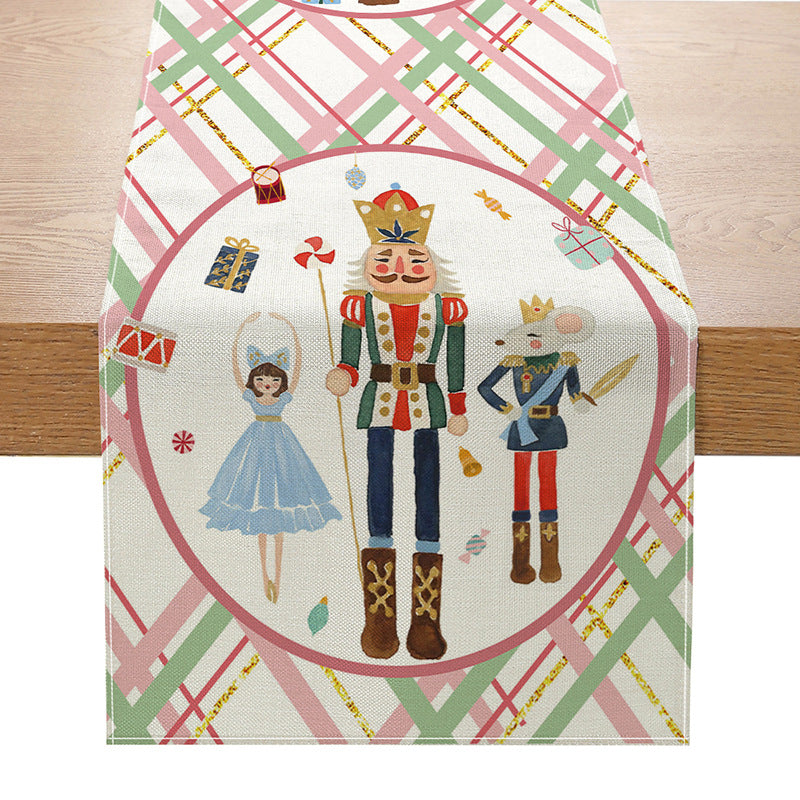 Linen-Texture Cotton-Blend Christmas Table Runner with Burlap Trim and Winter Tree Illustration