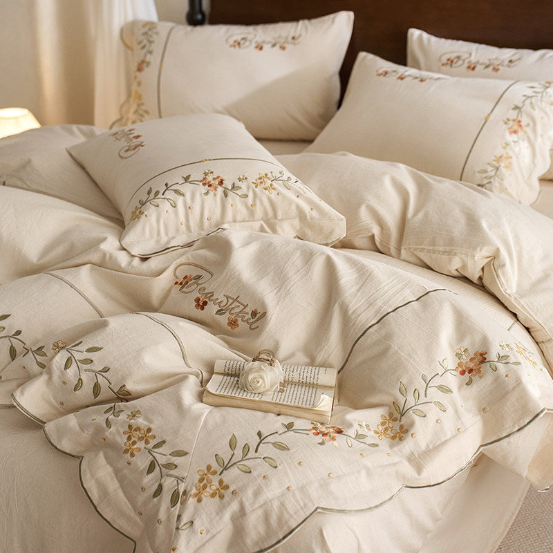 Embroidered Scalloped-Edge Cotton-Linen Blend Duvet Cover Set with Floral Vine Motif