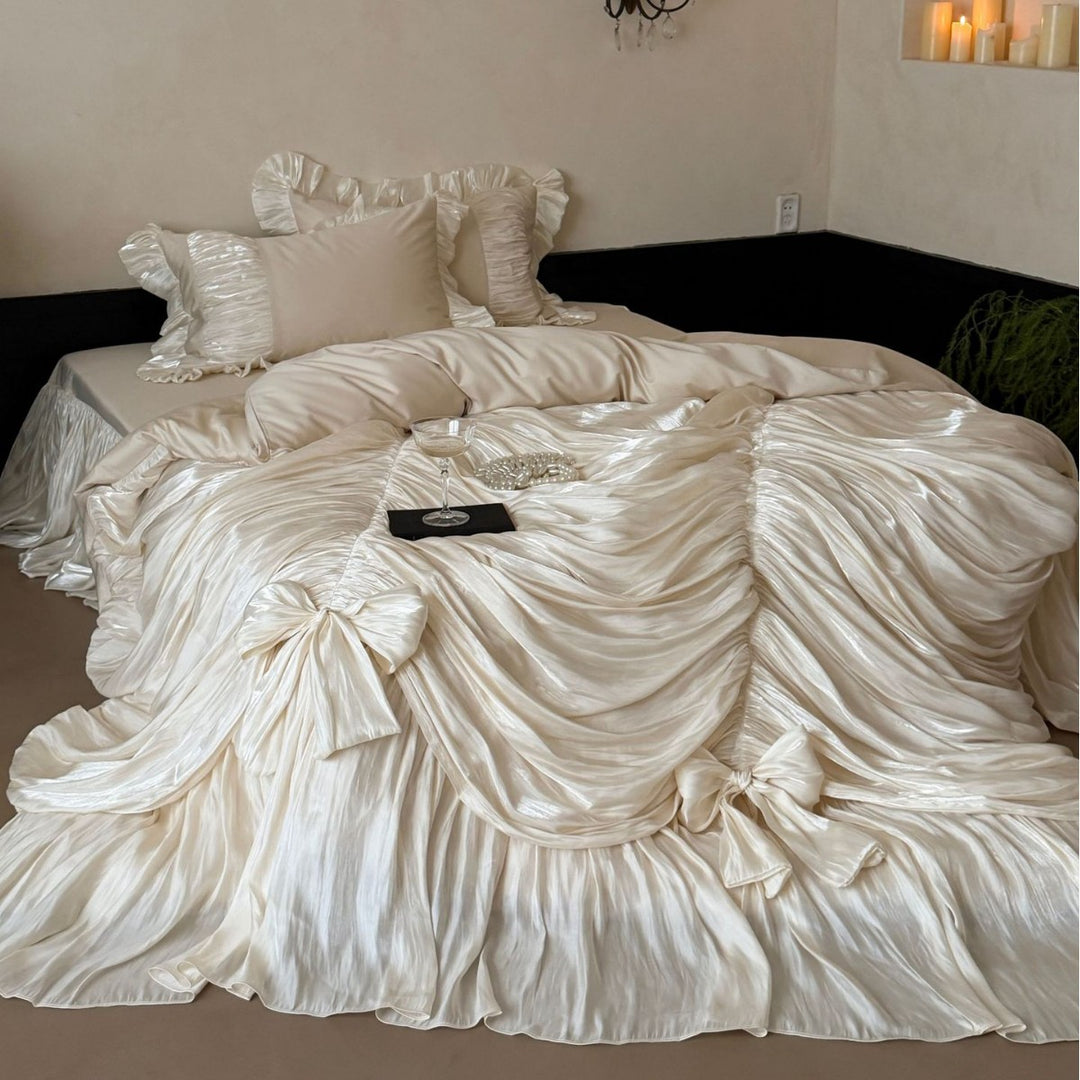 Luxury Pleated Satin Ruffled Bedspread Set with Decorative Bow Accents and Matching Pillow Shams