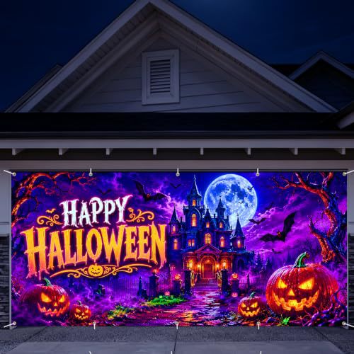 Large-format Halloween photo background made of weatherproof polyester with grommeted fastening edge and bright Haunted House motif