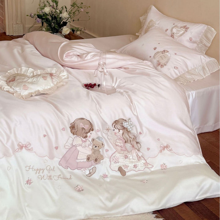 Luxurious embroidered cotton satin bed linen set with ruffles and fairy tale motif Stornfield