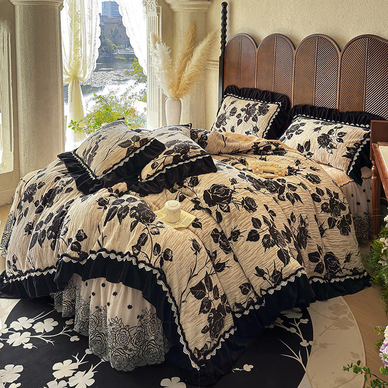 Opulentes quilted duvet cover set with velvet frill, embroidered ruffle, and bed ruffle