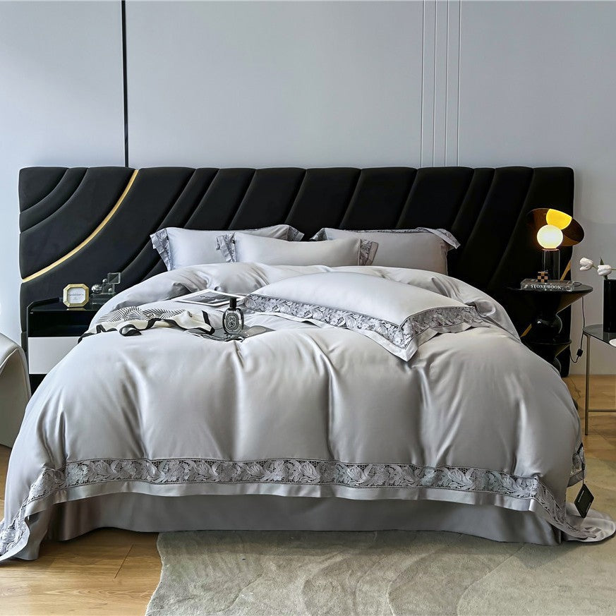 Luxury Lace-Trim Satin Duvet Cover Bedding Set