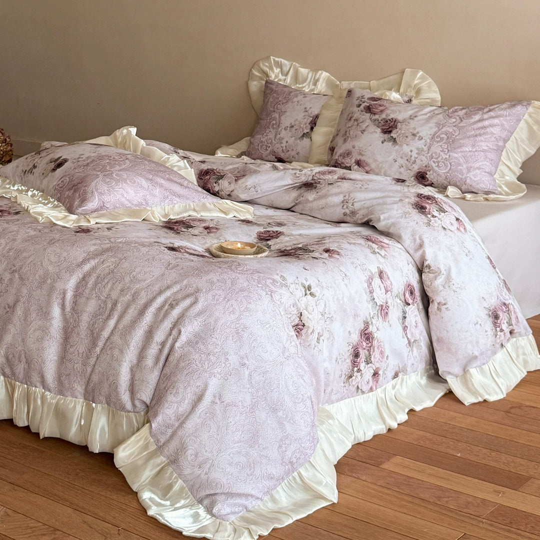Vintage Rose Print Ruffled Bed Linen Duvet Cover and Sham Set