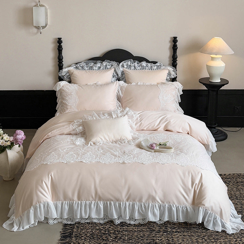 Romantic Ruffled Lace Cotton Sateen Duvet Cover Set with Scalloped Embroidery & Decorative Shams