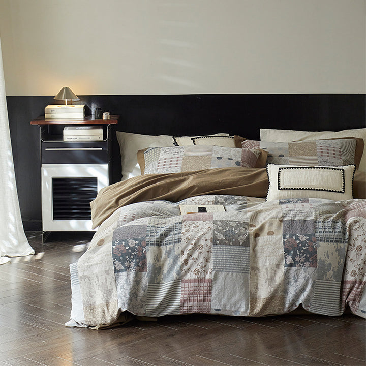 Reversible Cotton Sateen Duvet Cover Set with Patchwork Accent Pillowcases