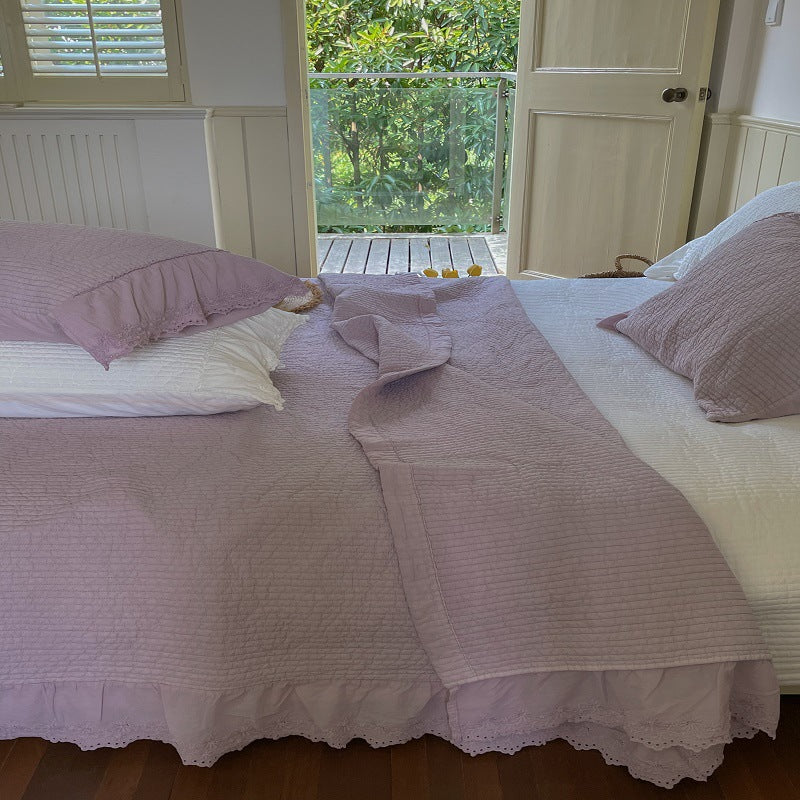 Quilted Washed Linen Bedspread Set with Frayed Lace Edge and Matching Pillow Shams