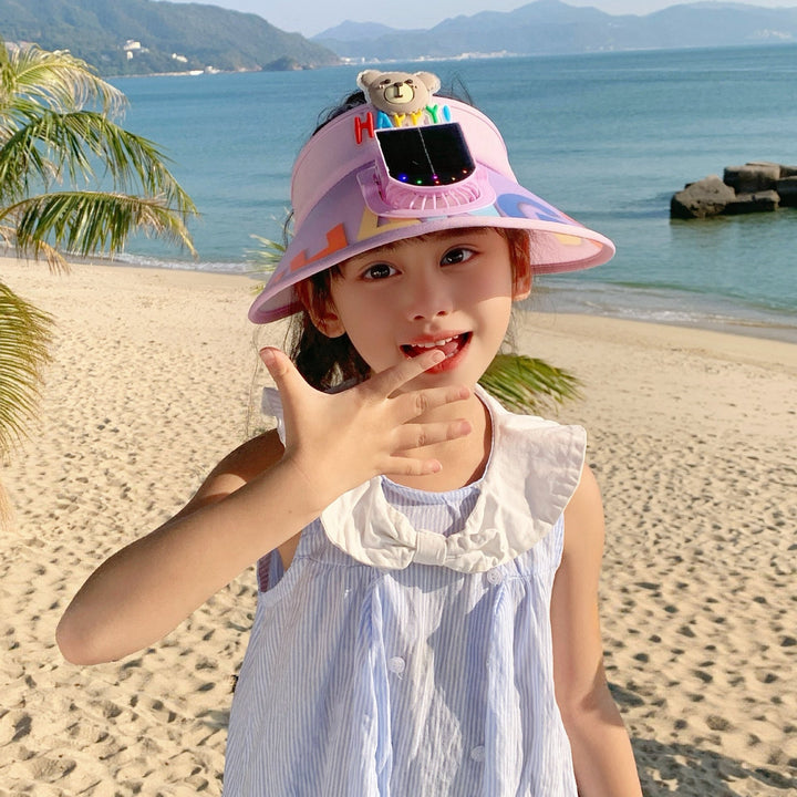 Adjustable children sun visor with integrated mini fan and extra wide brim Stornfield