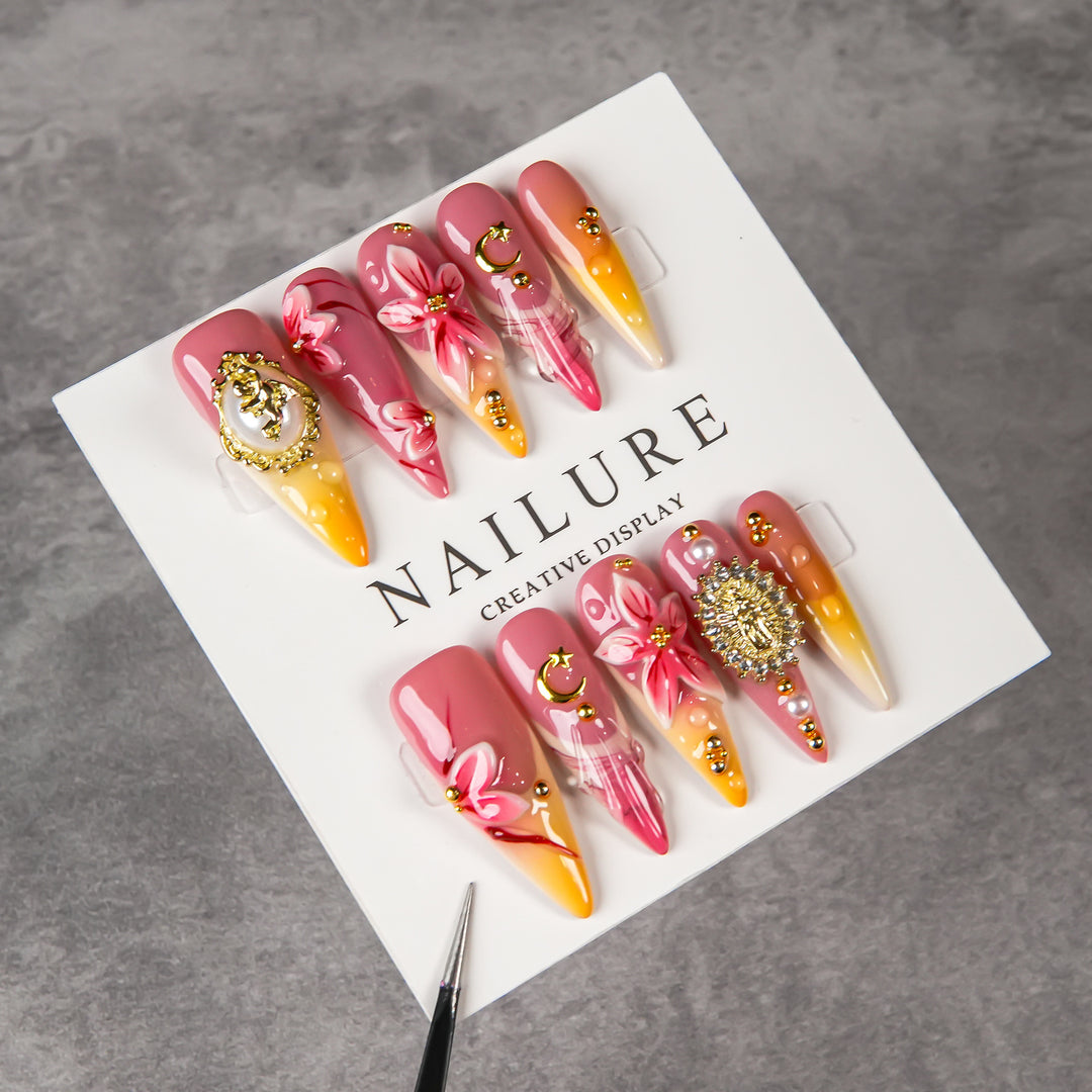 Artistic Stiletto Press-On Nail Set with Floral and Gem Accents