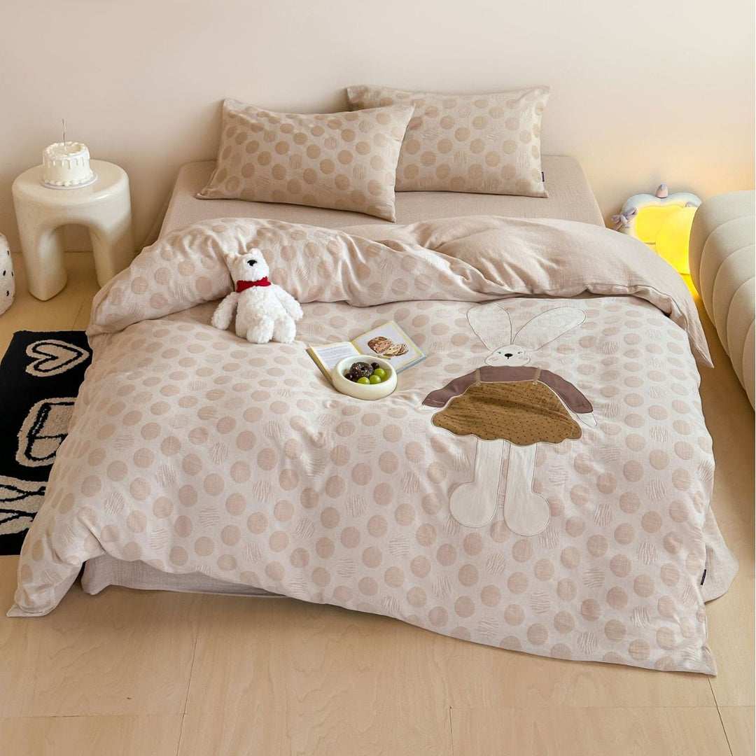 Cotton Reversible Polka Dot Duvet Cover Set with Bunny Appliqué
