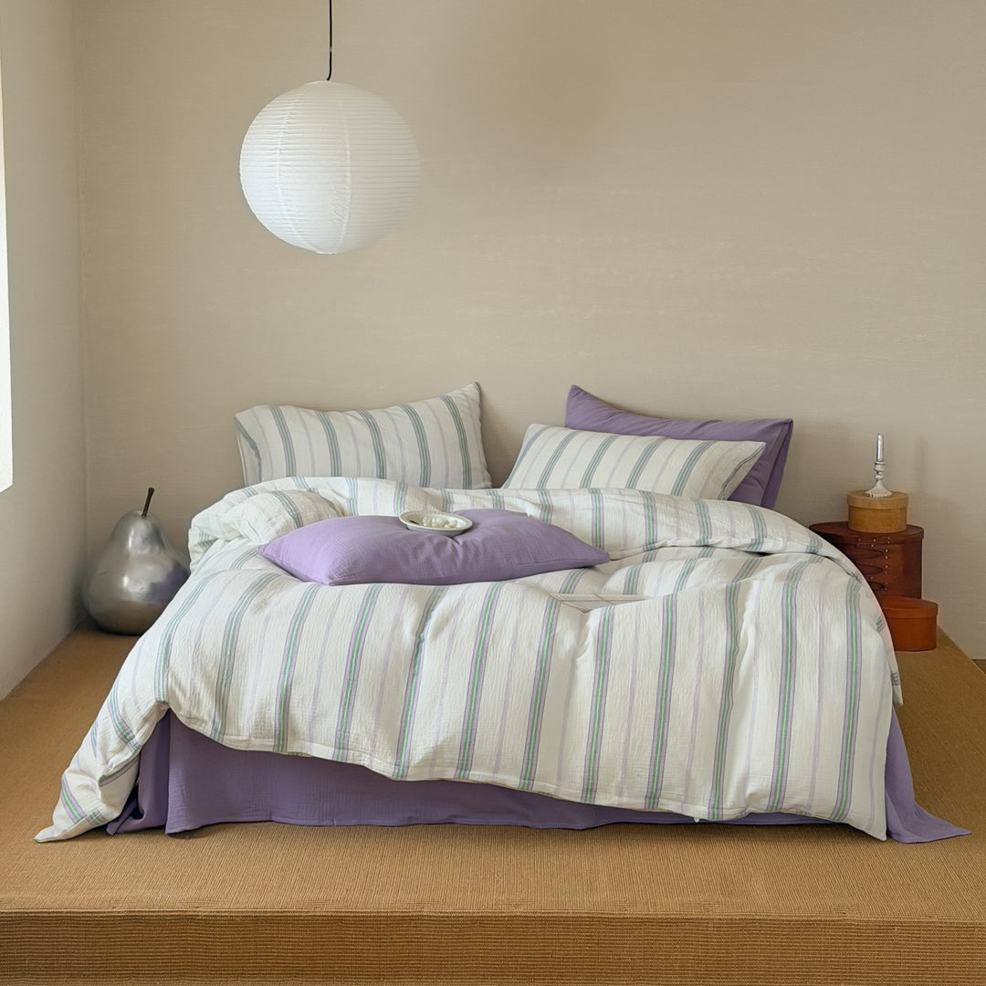 Striped Textured Cotton-Linen Duvet Cover Set with Pillow Shams