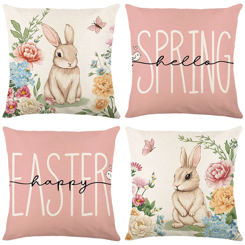 Spring Easter Cotton-Linen Square Decorative Throw Pillow Cover with 'Happy Easter' Script Print