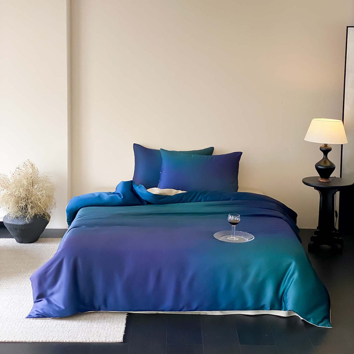 Gradient Satin-Feel Reversible Duvet Cover Set with Hidden Closure & Corner Ties