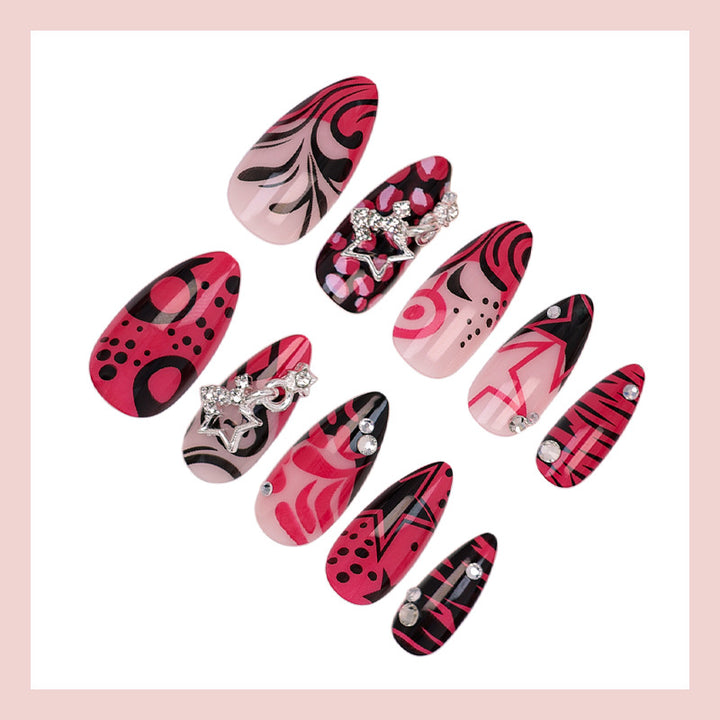 Nail art set with playful patterns and rhinestone embellishments Stornfield
