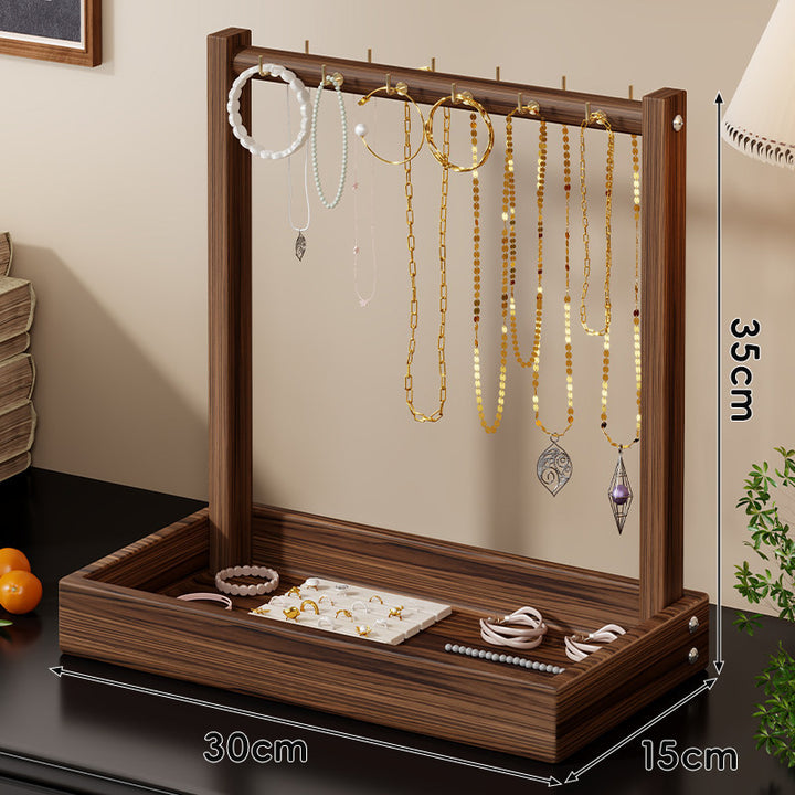 Wooden Jewelry Display and Tray Organizer with Hanging Bar and Ring Slots