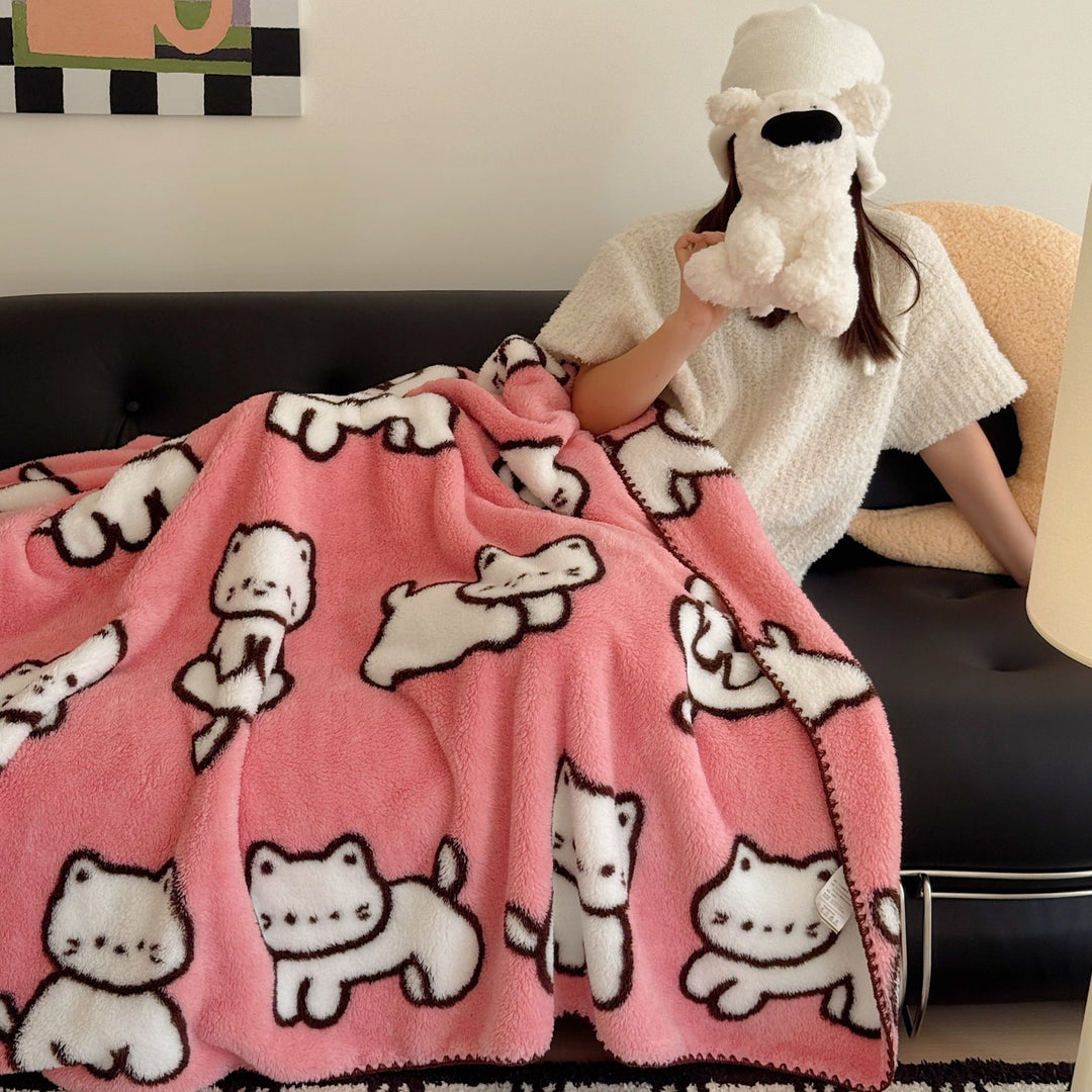 Plush Sherpa Fleece Throw Blanket with Cartoon Dog Motif