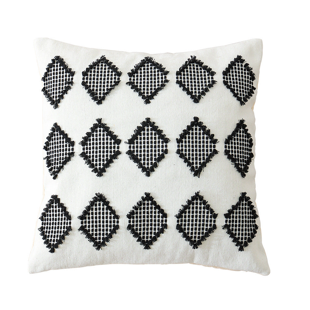 Woven rectangular decorative cushion cover with embroidered geometric pattern