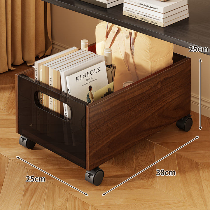 Mobile Wire Mesh Storage Crate with Walnut-Style Wooden Side and Locking Swivel Wheels