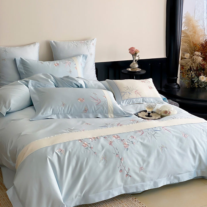 Silk-Feel Reversible Embroidered Botanical Duvet Cover Set with Satin-Trim Shams