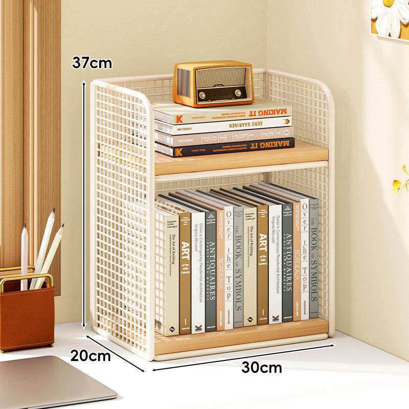 Compact Vertical Two-Tier Metal Grid Desktop Bookshelf Organizer with Solid Wood Shelves
