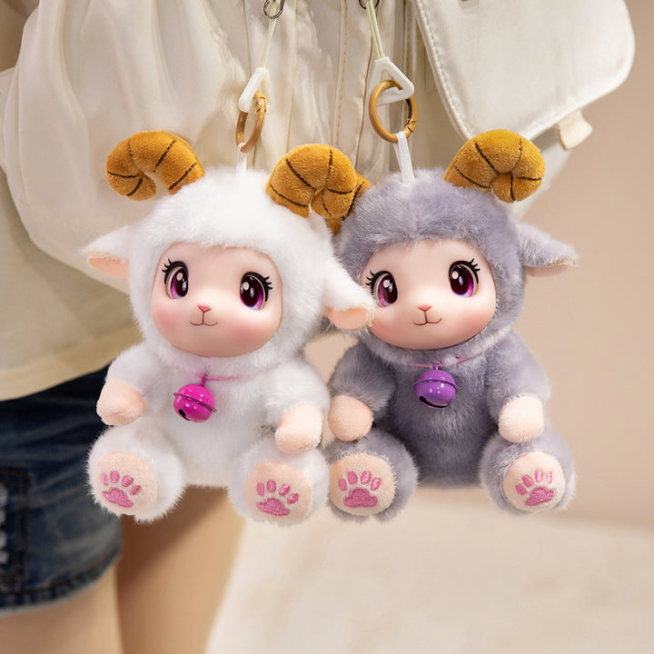 Plush Ram Keychain Charm with Curly Faux-Fur, Sculpted Face, Bell Necklace and Metal Ring Stornfield