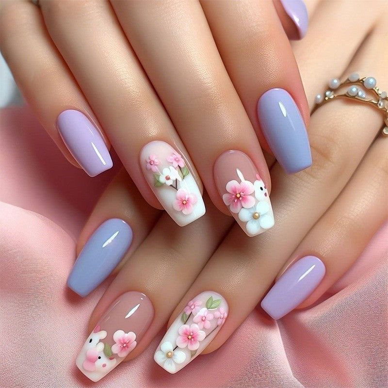 Artificial nail set with colorful flowers and creative French design Stornfield
