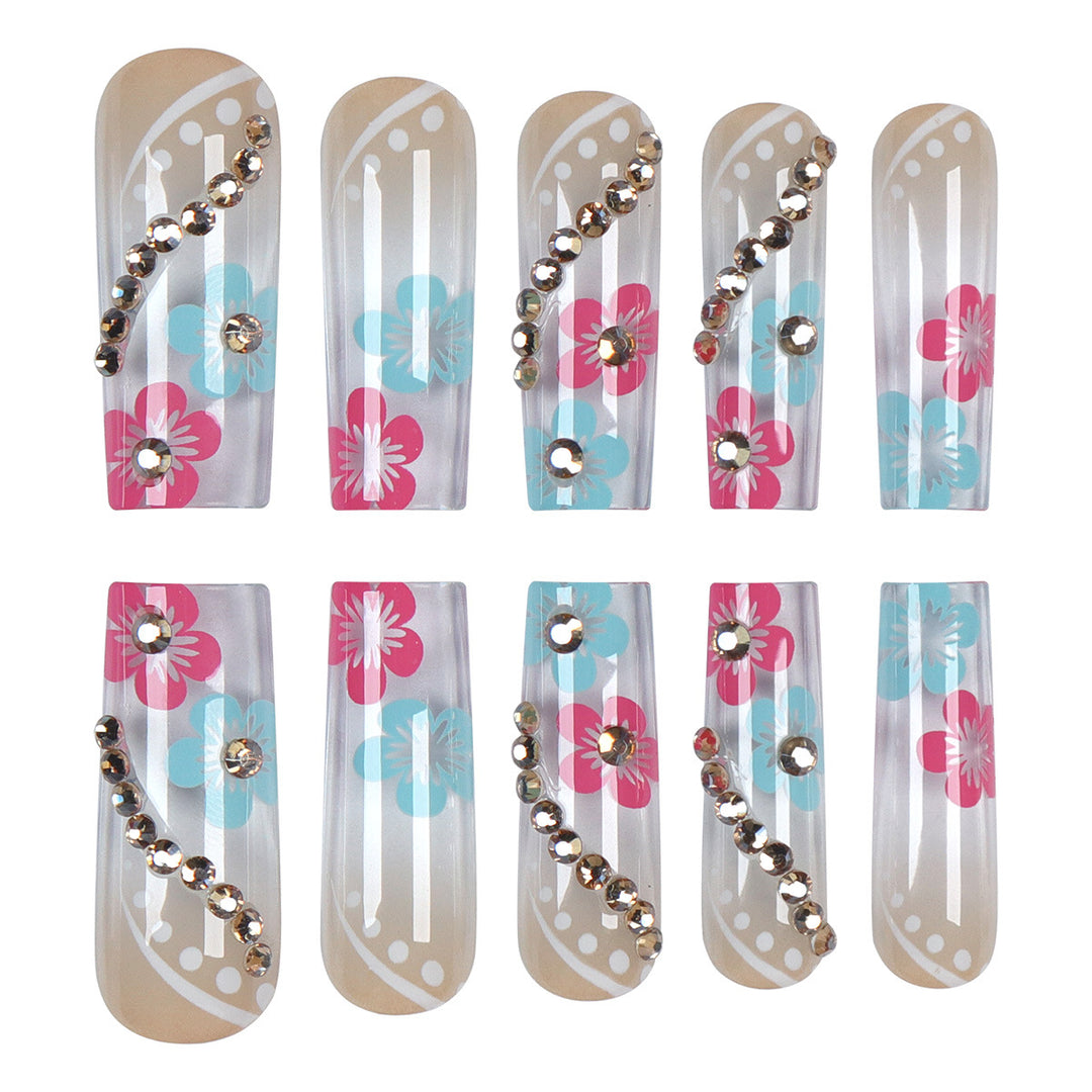 Floral Design Press-On Nails with Decorative Gem Accents Stornfield