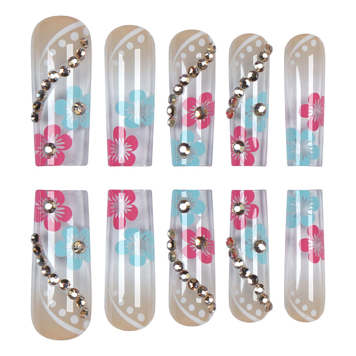 Floral Design Press-On Nails with Decorative Gem Accents Stornfield