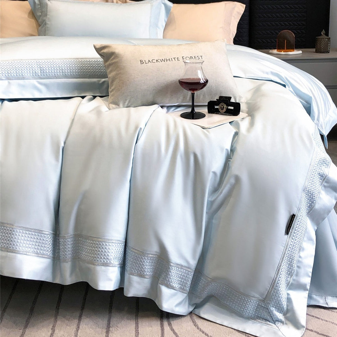 Luxury Satin-Feel Embroidered Duvet Cover Set with Decorative Hem & Pillow Shams