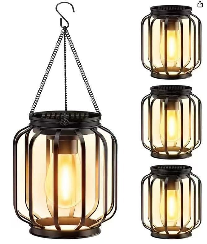 Solar Hanging Outdoor Lanterns With Vintage-Style LED Filament Bulb And Metal Cage Waterproof Suspension Stornfield