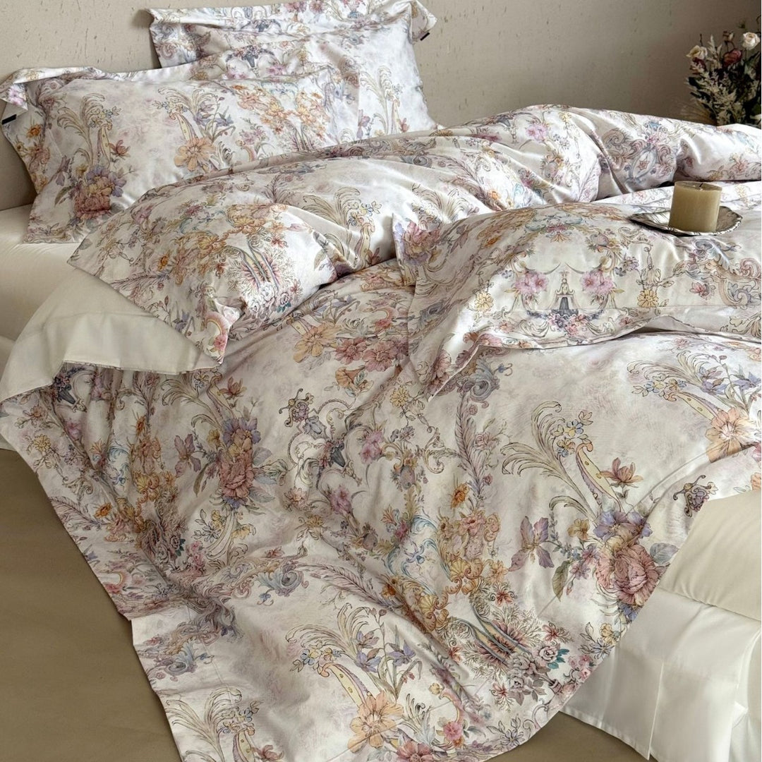Fine cotton satin bed linen set with watercolor floral ornamentation and hotel closure