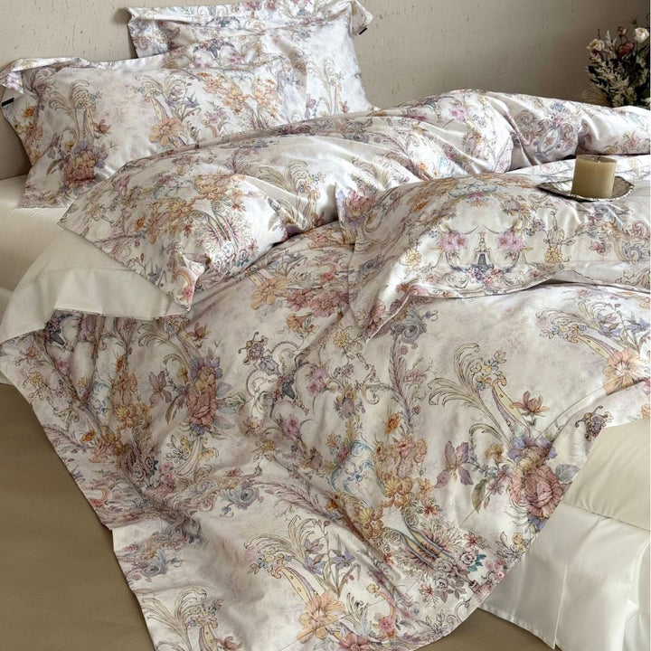 Fine cotton satin bed linen set with watercolor floral ornamentation and hotel closure