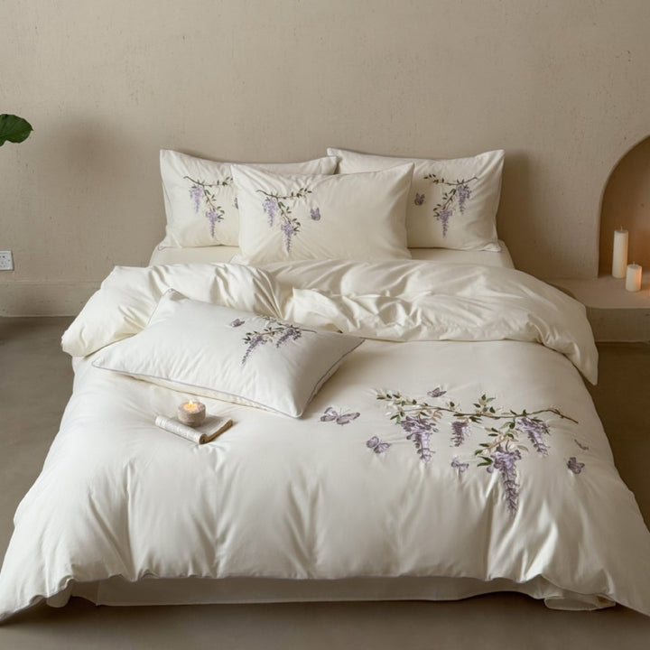 Luxurious satin bedding set with floral embroidery
