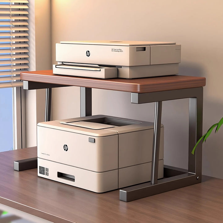 Adjustable Two-Tier Wood-Top Metal-Frame Desktop Printer Stand with Cable Management
