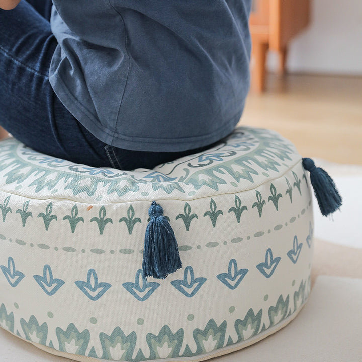 Beef padded seat pouf with ethnic jacquard pattern and sturdy canvas cover