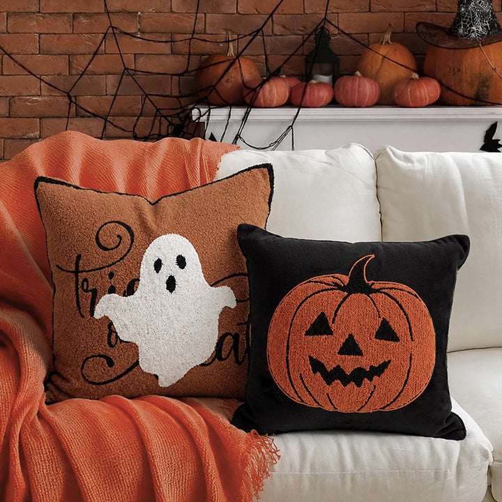 Square Decorative Pillow with Embroidered Halloween Ghost and Boucle Surface Stornfield