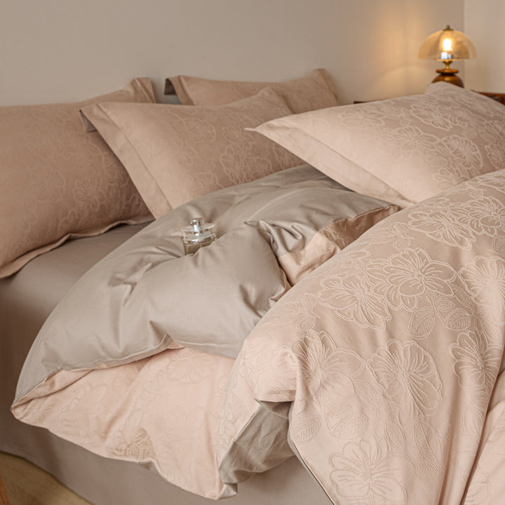Floral Jacquard Cotton Duvet Cover Set with Pillowcases and Hidden Zipper
