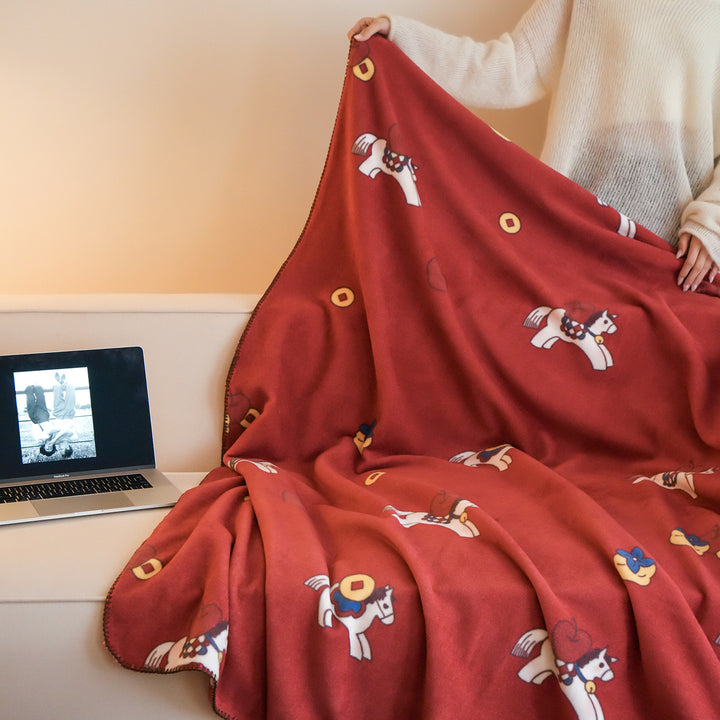 Plush Microfleece Throw Blanket with Carousel Horse Print and Whipstitch Edge