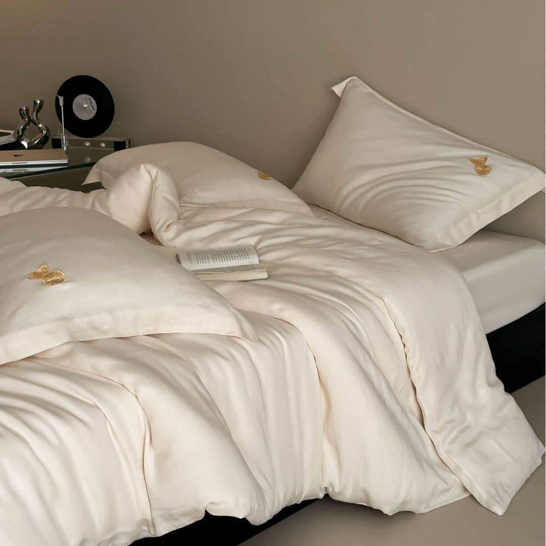 Premium cotton satin bedding set with subtle embroidered medallions