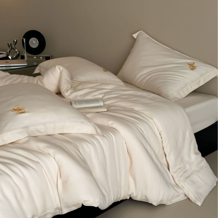 Premium cotton satin bedding set with subtle embroidered medallions