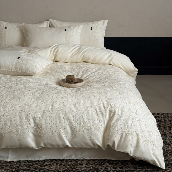 Quilted Botanical Embroidered Cotton Sateen Duvet Cover Set with Textured Appliqué and Envelope Shams