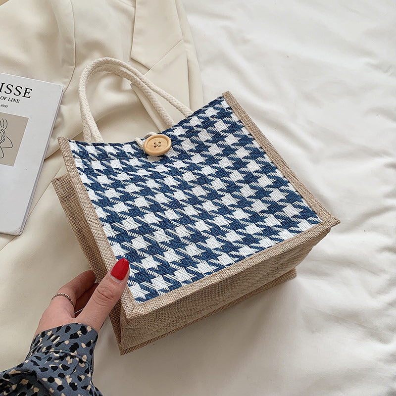 Houndstooth Patterned Canvas Tote Bag