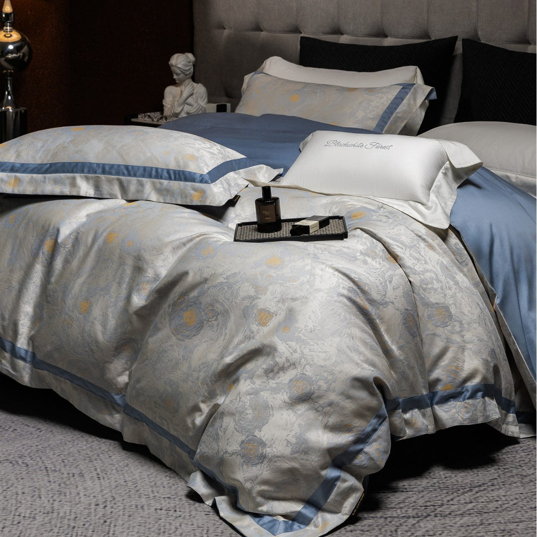 Gradient Jacquard Satin Duvet Cover Set with Floral Embossed Motif and Pillow Shams