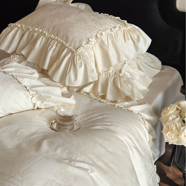 Ruffled Satin Jacquard Duvet Cover Set with Frilled Edge and Pillow Shams