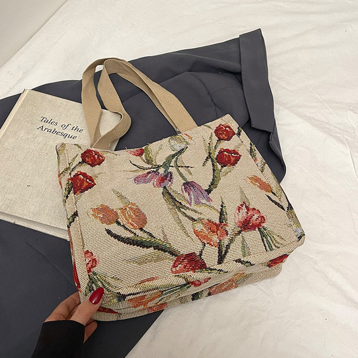 Floral Embroidered Shoulder Tote Bag
