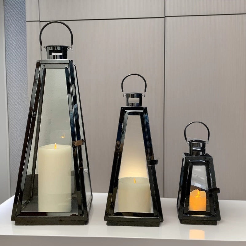 Modern Triangular Glass Candle Lantern Set with Gold Metal Frame Stornfield