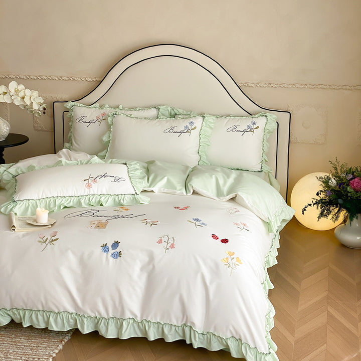 Ruffled Embroidered Cotton Sateen Duvet Cover Set with Floral Motifs
