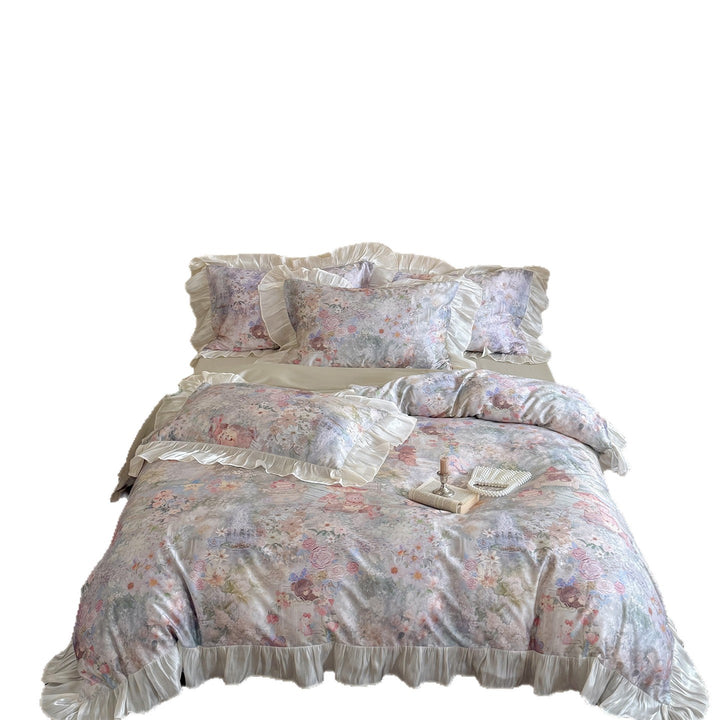 Romantic cotton satin bedding set with watercolor floral pattern and gathered satin ruffle